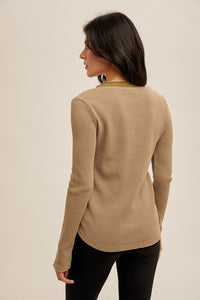 Raw Edge Distress Washed Thermal Henley Top