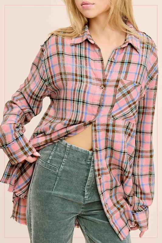 Acid Wash Cut Edge Button Down Plaid Shirt