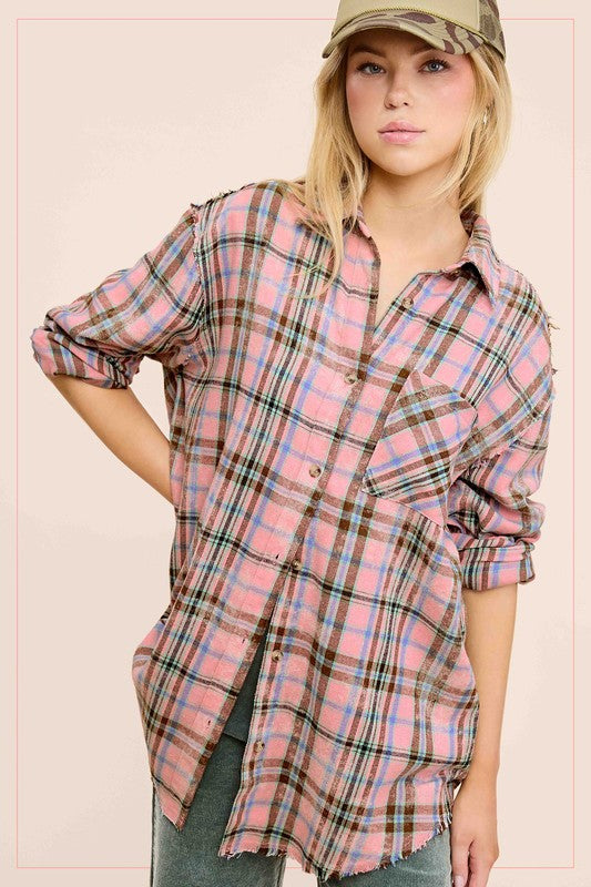 Acid Wash Cut Edge Button Down Plaid Shirt