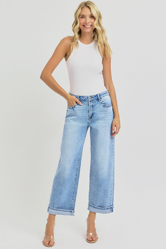 Risen High Rise Ankle Barrel Turn Up Cuffed Jeans