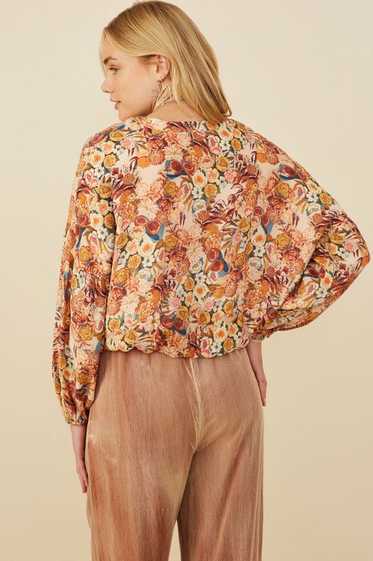 Floral Print Buttoned Bubble Hem Blouse