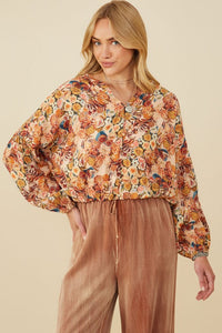 Floral Print Buttoned Bubble Hem Blouse