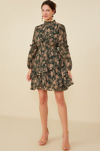 Textured Antique Floral Ruffle Detail Dress