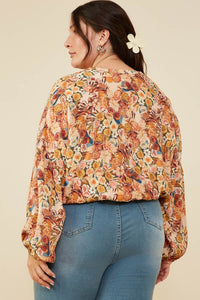 Floral Print Buttoned Bubble Hem Plus Blouse