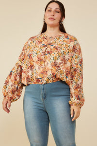 Floral Print Buttoned Bubble Hem Plus Blouse