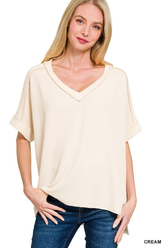 Short Sleeve High Low V-Neck Corded Top