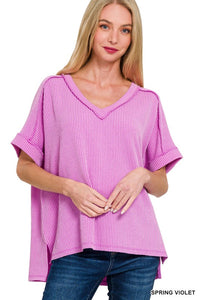 Short Sleeve High Low V-Neck Corded Top