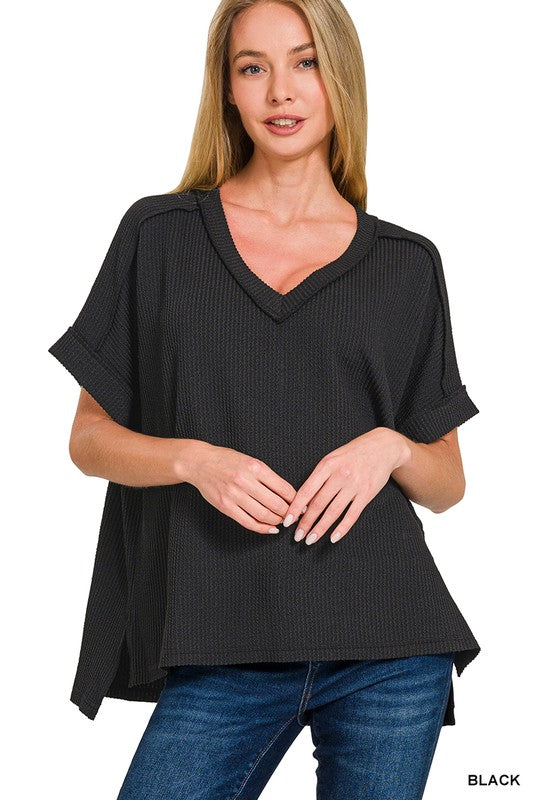 Short Sleeve High Low V-Neck Corded Top