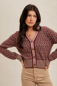 V Neck Diamond Print Crop Cardigan