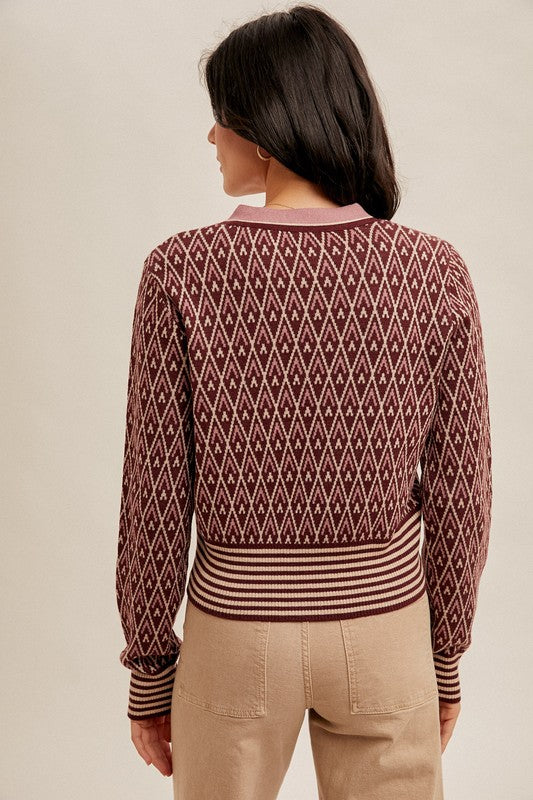 V Neck Diamond Print Crop Cardigan