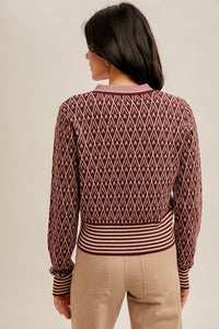 V Neck Diamond Print Crop Cardigan