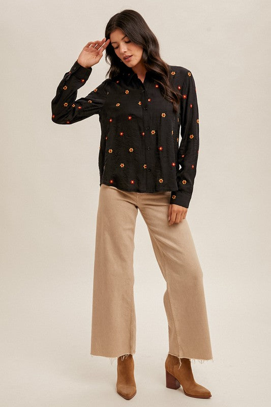 Floral Embroidered Button Down Crinkle Shirt