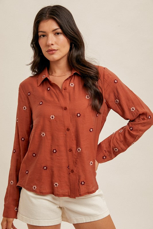 Floral Embroidered Button Down Crinkle Shirt