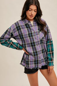 Mixed Plaid Frayed Hem Button Down Boyfriend Shirt