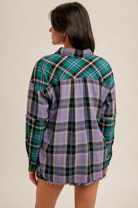 Mixed Plaid Frayed Hem Button Down Boyfriend Shirt