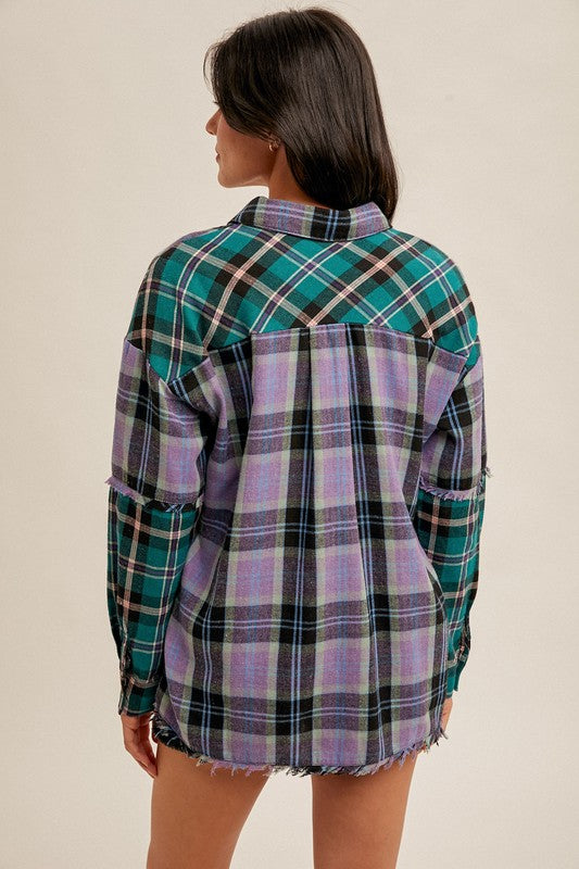 Mixed Plaid Frayed Hem Button Down Boyfriend Shirt
