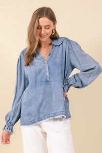 Long Sleeve Tencel Denim Peter Pan Top