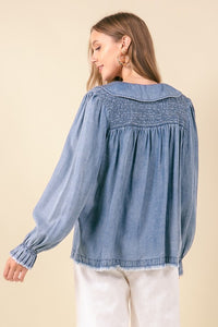 Long Sleeve Tencel Denim Peter Pan Top