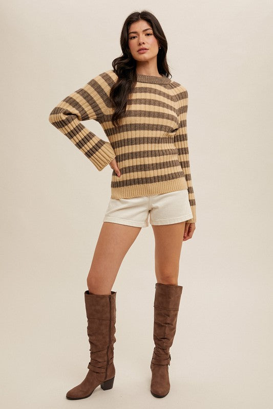 Round Neck Raglan Sleeve Rib Bell Sleeve Pullover