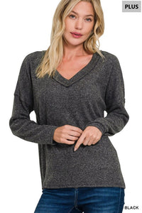 Ribbed V-Neck Drop Shoulder Plus Top