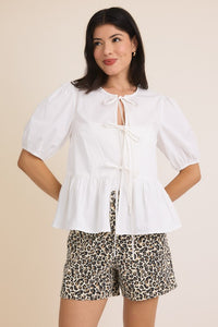 Half Sleeve Puff Front Ties Blouse