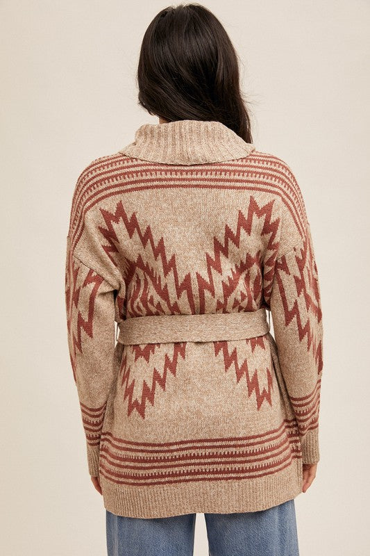 Motif Shawl Collar Belted Cardigan