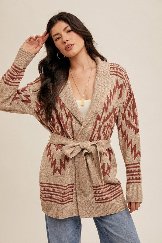 Motif Shawl Collar Belted Cardigan