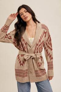Motif Shawl Collar Belted Cardigan