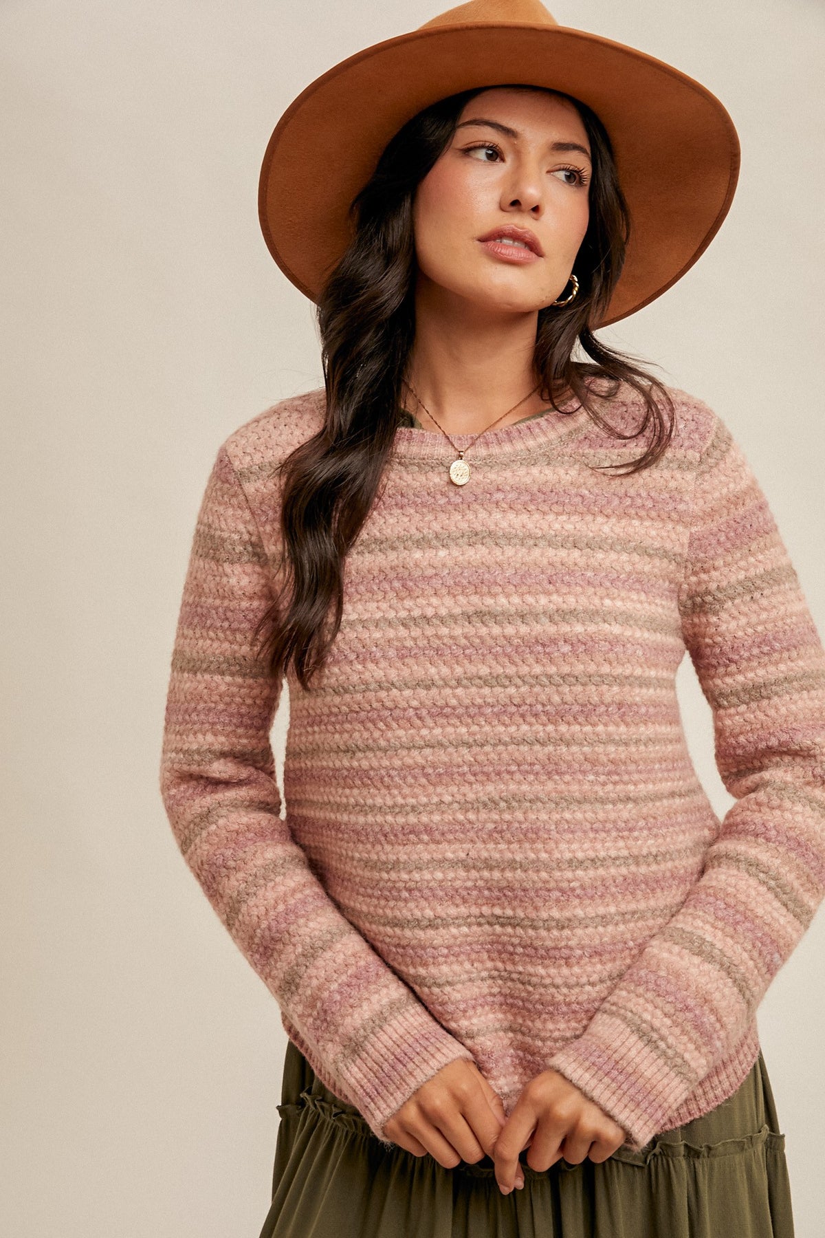 Side Button Detailed Texture Crew Neck Sweater