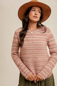 Side Button Detailed Texture Crew Neck Sweater