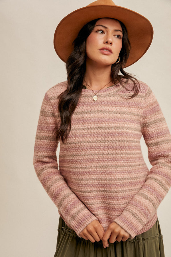 Side Button Detailed Texture Crew Neck Sweater