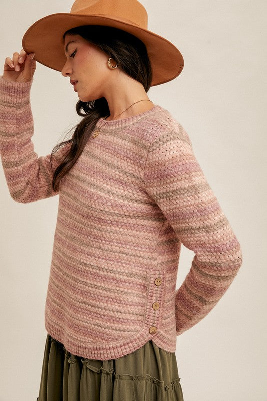 Side Button Detailed Texture Crew Neck Sweater