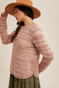 Side Button Detailed Texture Crew Neck Sweater