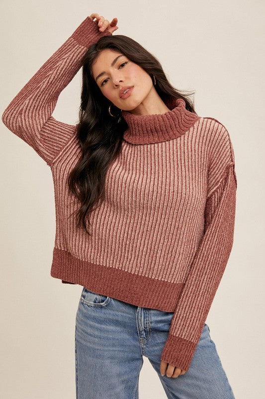 Two-tone Soft Chenille Turtle Neck Sweater