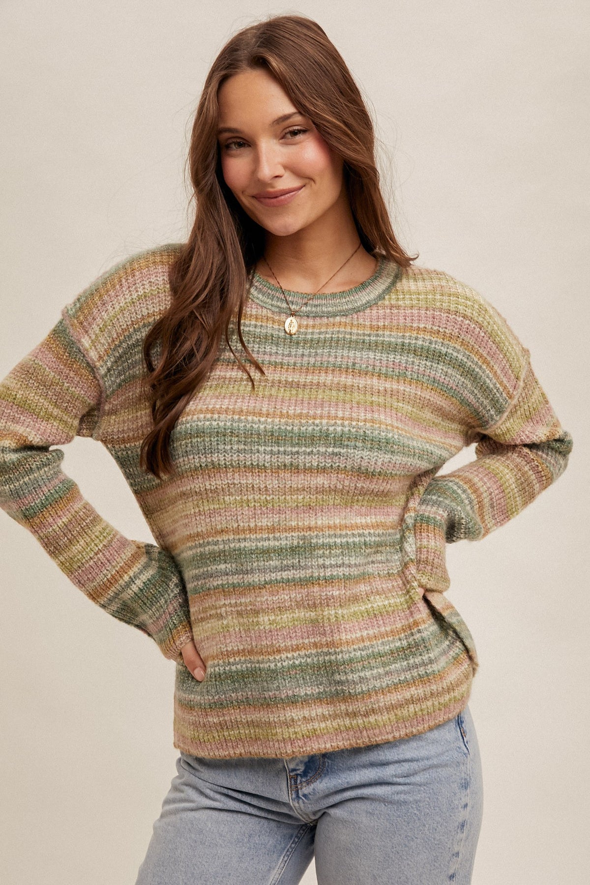 Multicolor Yarn Crew Neck Stripe Pullover Sweater