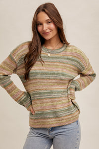 Multicolor Yarn Crew Neck Stripe Pullover Sweater