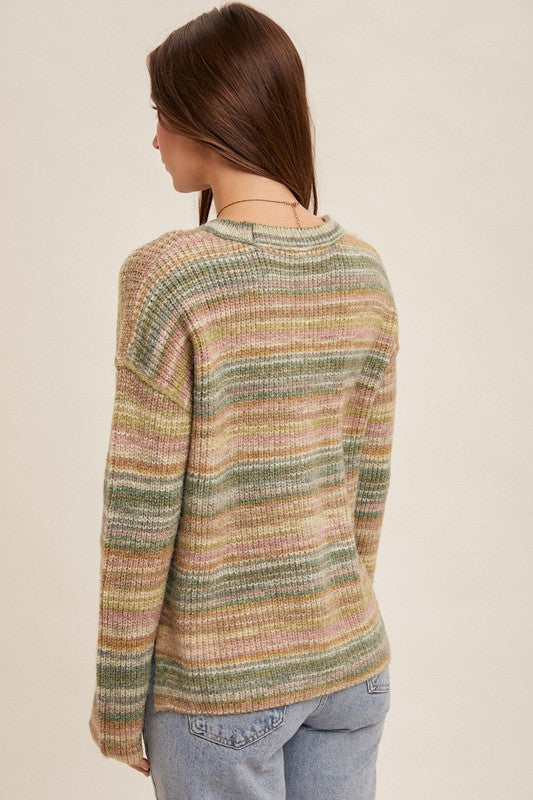 Multicolor Yarn Crew Neck Stripe Pullover Sweater