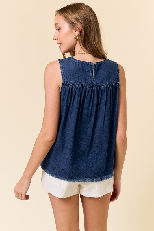 Tencel Chambray Round Neck Shirred Swing Tank