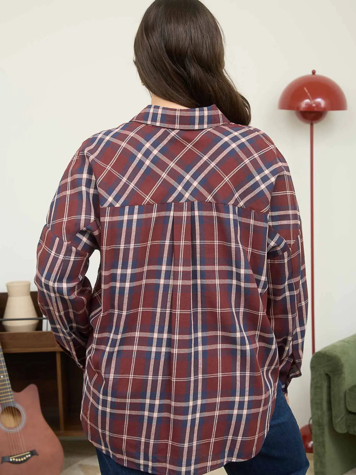 Plus Plaid Button Down Pocket Detail Long Sleeve