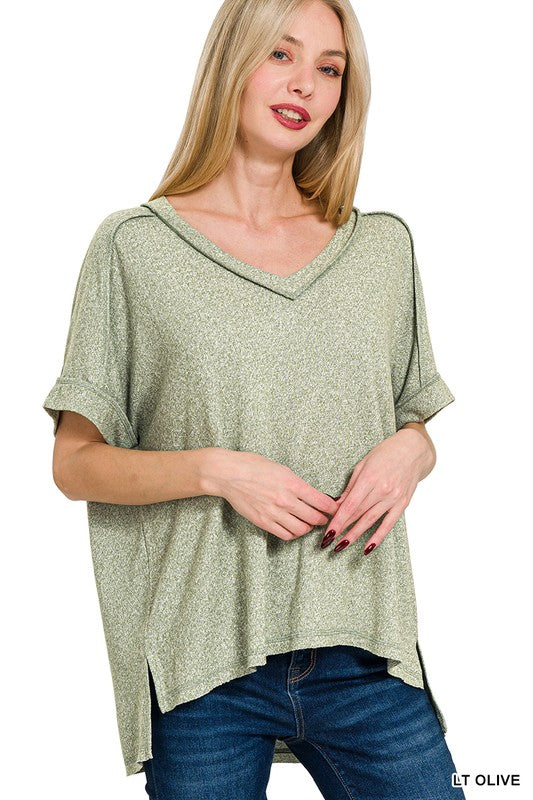 Soft Melange Hacci V-Neck High Low Tee