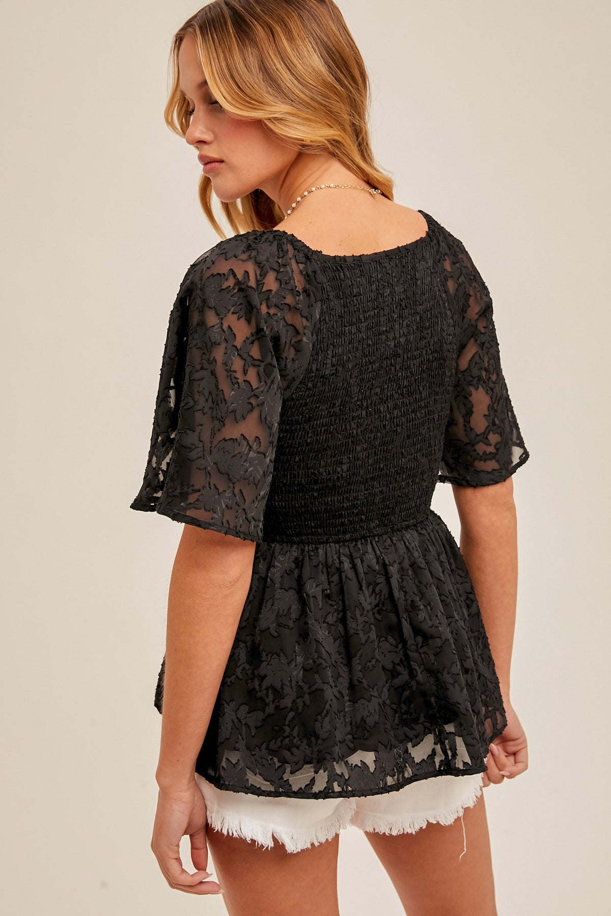V-neck Flutter Sleeve Smocked Peplum Top