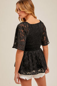V-neck Flutter Sleeve Smocked Peplum Top