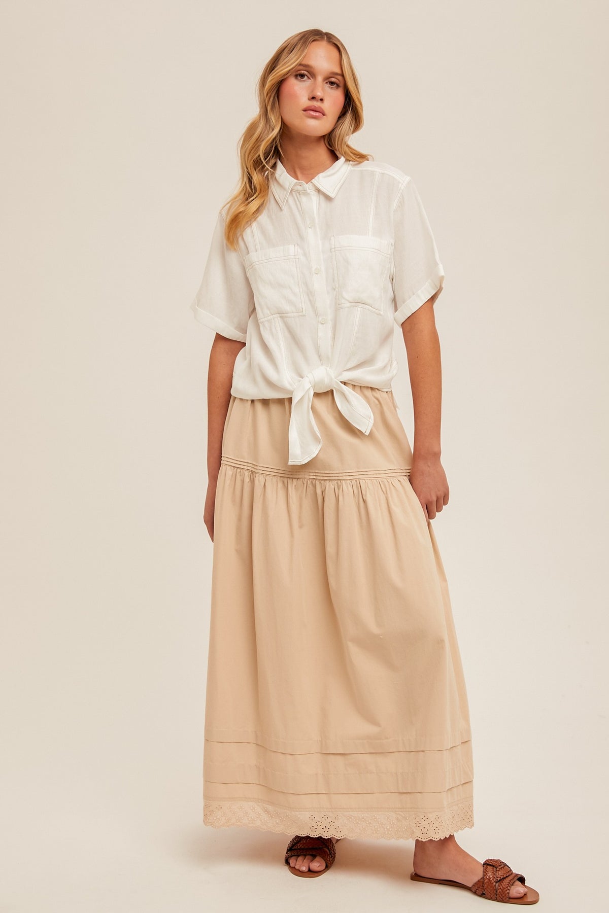 Pintuck Detailed Embroidery Edge Cotton Skirt