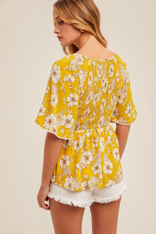 Ruffle Flutter Sleeve V-neck Smocked Peplum Top