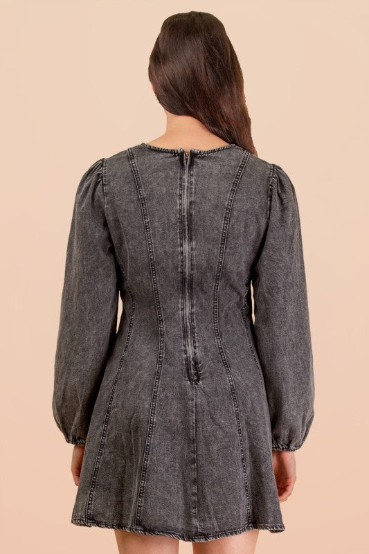 Mineral Washed Denim Seam Detail Mini Dress