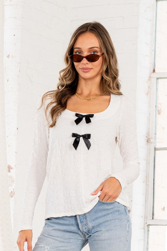 Long Sleeves Square Neck Crinkle Knit Top