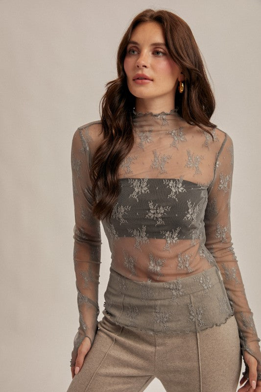 Mock Neck Lace Long Sleeve With Thumb Holes