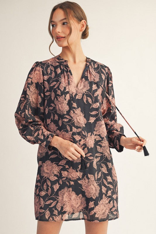 Front Tassel Tie Floral Peasant Dress