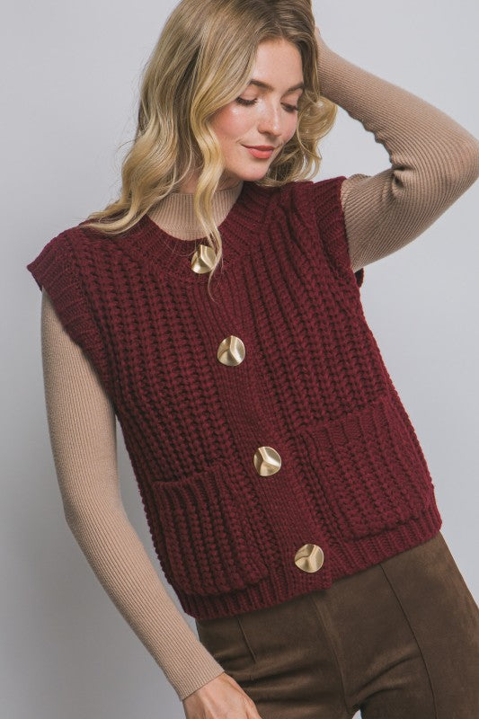 Knit Sweater Vest Gold Button Detail