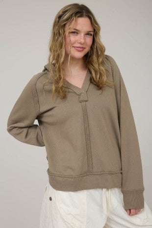 Hooded V Neck Raw Edge Long Sleeve Knit Top